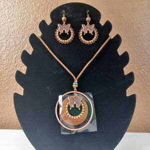 Bohemian Round Wooden with Butterfly Copper Leather Necklace and Earring Set